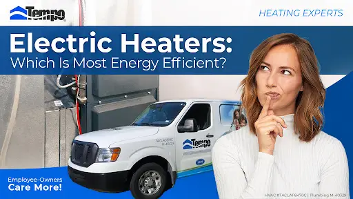 A woman thinking with an electric heat pump installed behind her.