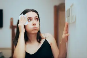Woman sweating as she looks at thermostat because AC is blowing warm air.
