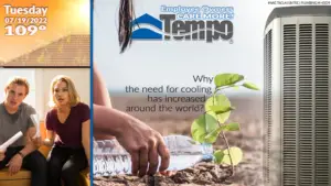 Surprised couple seeing temperature reading of 109 degrees F with text "Why the Need for Cooling Has Increased Around the World."