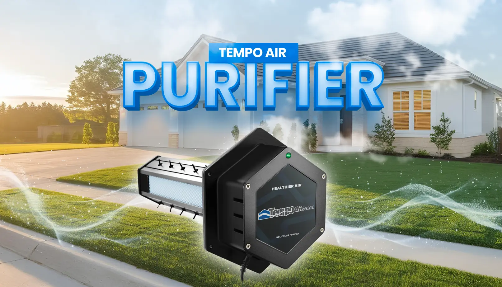 alt text="Tempo Air Purifier displayed over a green meadow landscape with soft sky, representing clean indoor air quality and fresh airflow for home comfort."